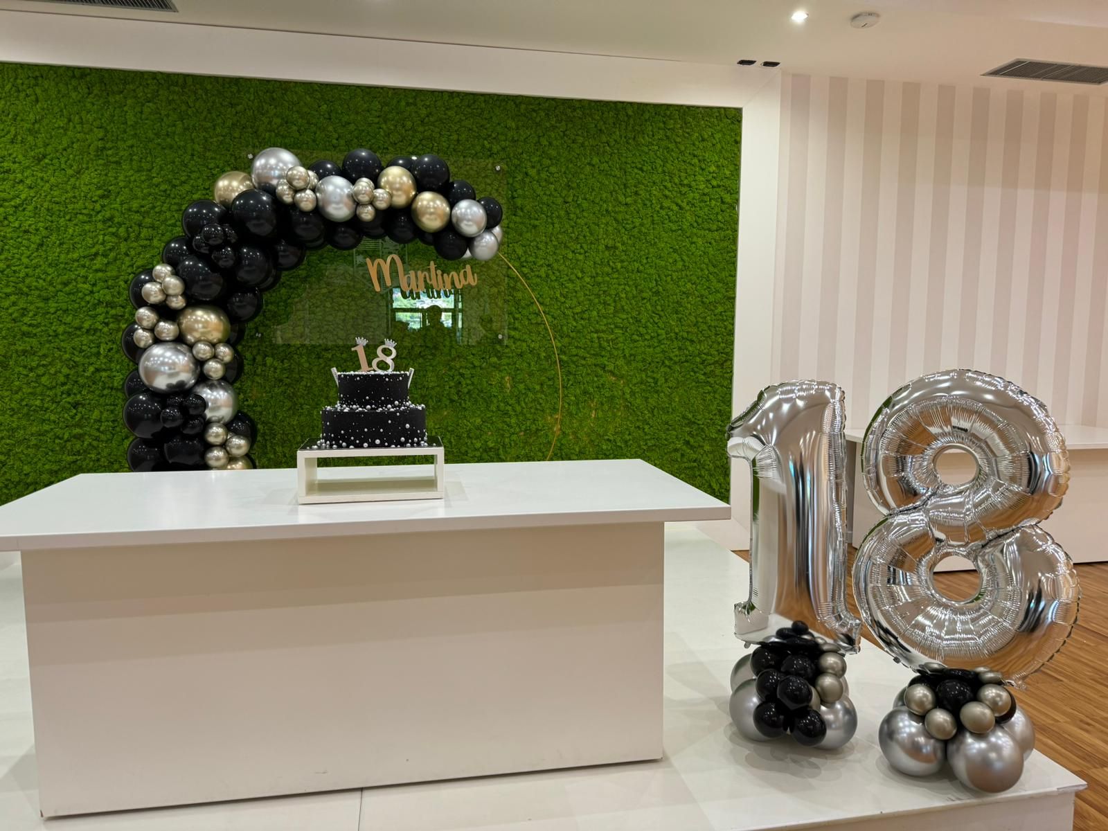 llestimento 18 Anni Luxury Nero e Oro con Balloon Arch Organico e Backdrop Verde – Decorazione Elegante Personalizzata