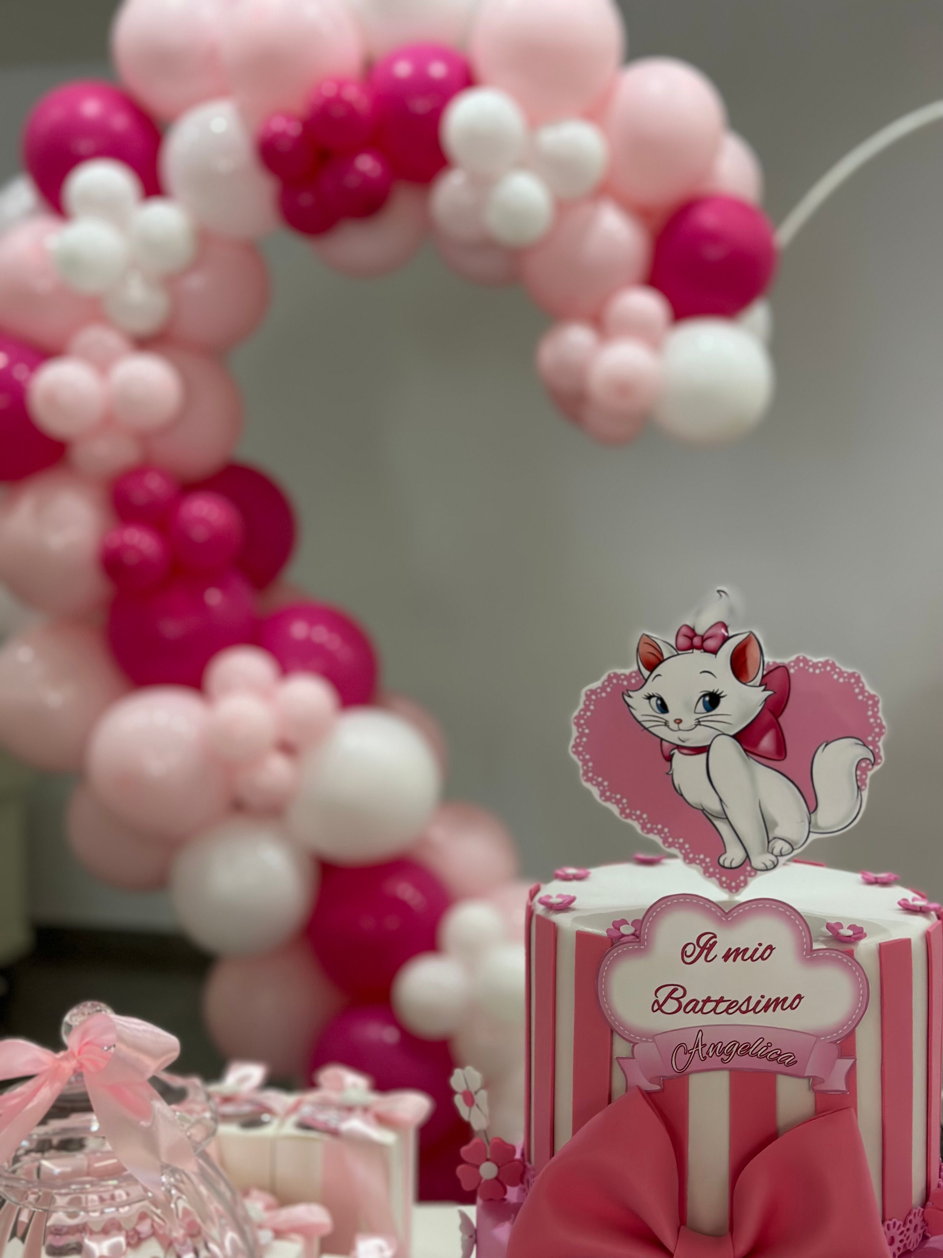 Allestimento Battesimo Tema Marie Aristogatti Rosa – Confettata Elegante con Balloon Arch e Decorazioni Baby Girl
