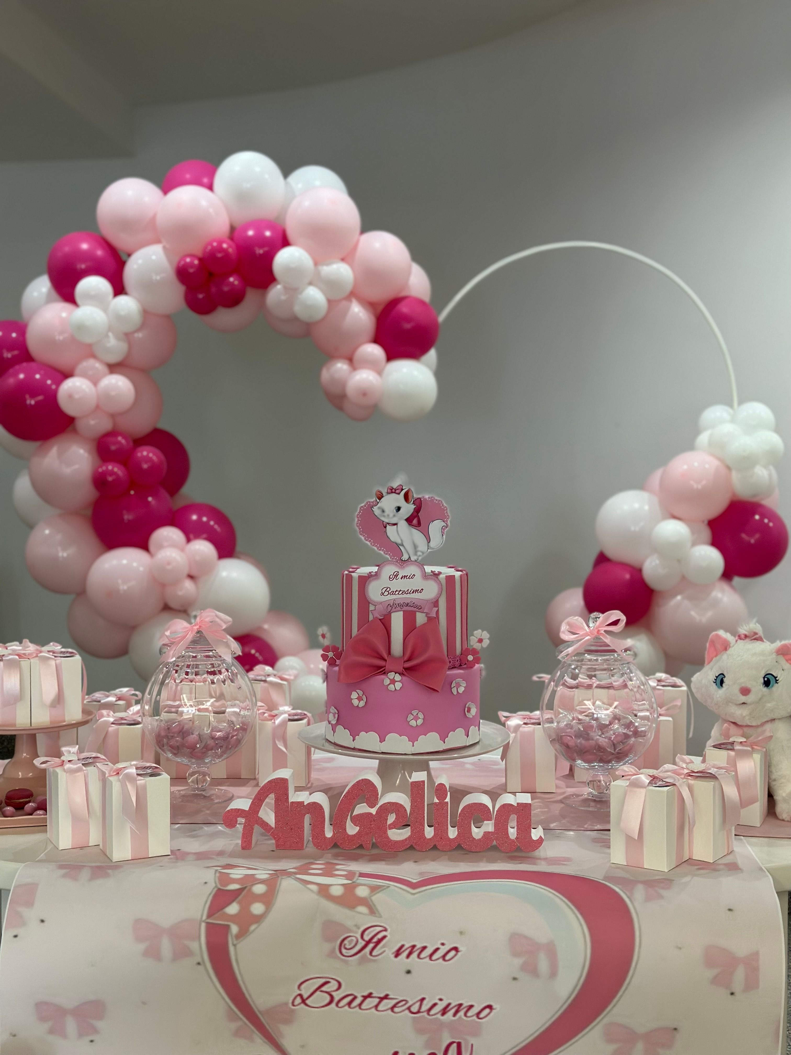 Allestimento Battesimo Tema Marie Aristogatti Rosa – Confettata Elegante con Balloon Arch e Decorazioni Baby Girl
