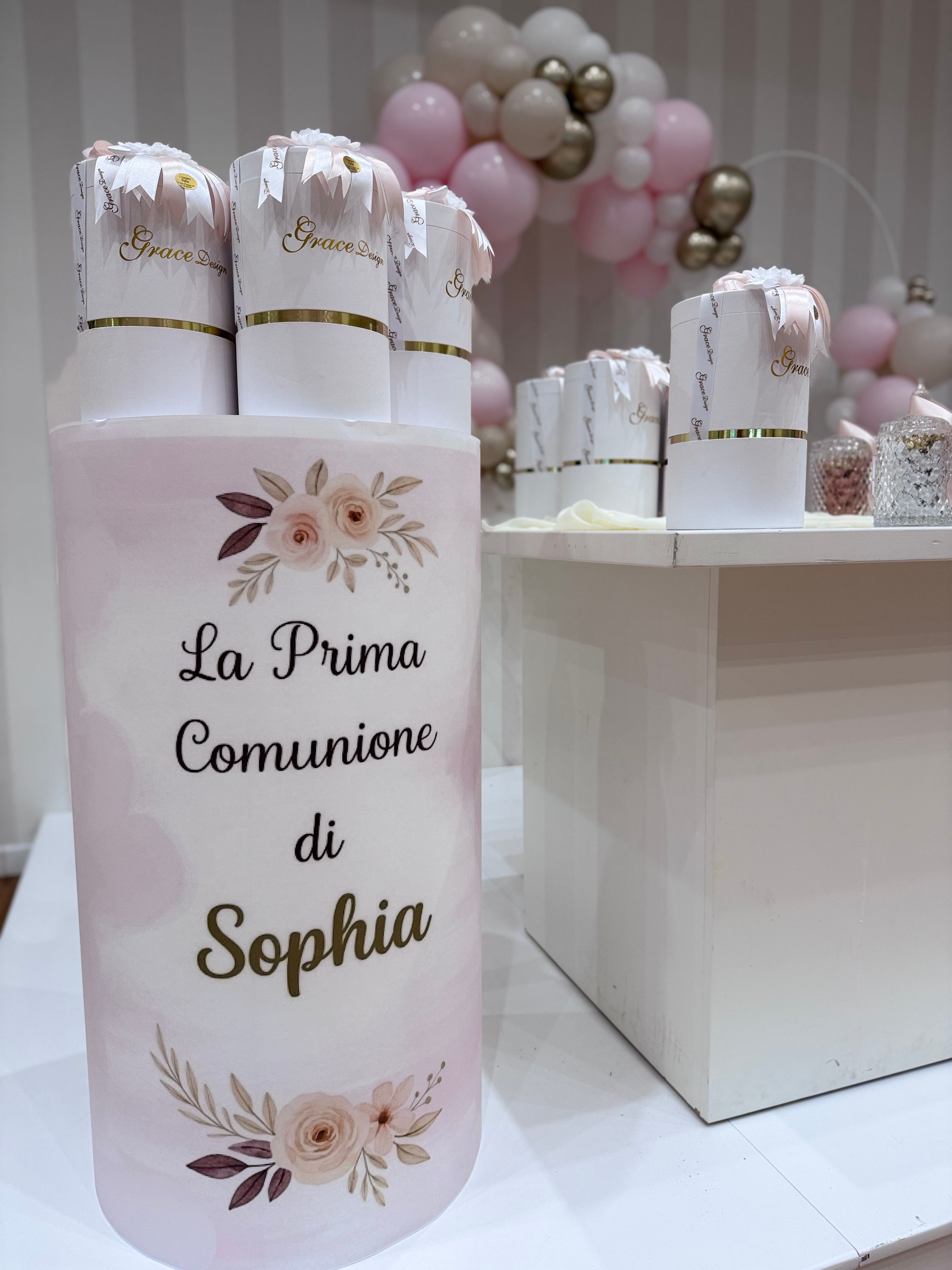 Allestimento Prima Comunione Bimba Rosa Cipria e Oro – Sweet Table Elegante con Arco Balloon e Confettata Luxury