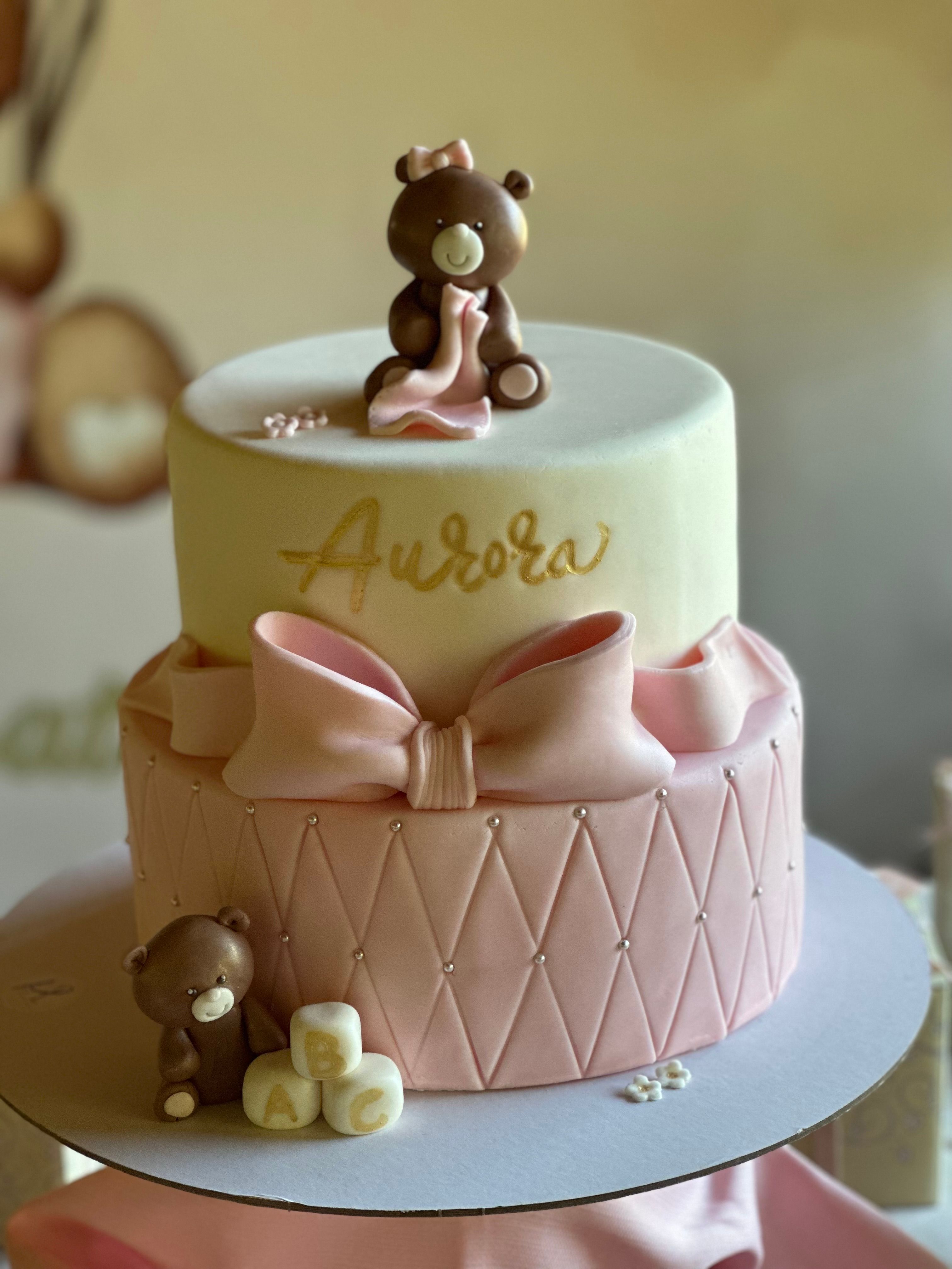 Allestimento Battesimo Orsetto Rosa e Oro – Balloon Arch Organico con Backdrop Personalizzato