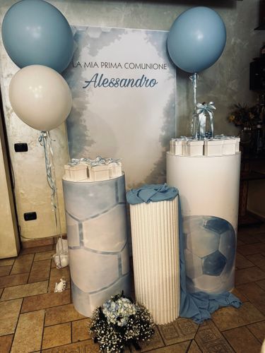 Prima Comunione Alessandro – Allestimento Tema Calcio Elegante Azzurro e Bianco | Balloon Art e Sweet Table
