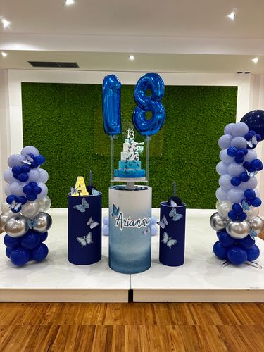 Allestimento 18 Anni Elegante Blu e Argento con Balloon Columns e Backdrop Verde – Decorazione Luxury con Farfalle