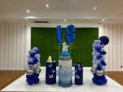 Allestimento 18 Anni Elegante Blu e Argento con Balloon Columns e Backdrop Verde – Decorazione Luxury con Farfalle