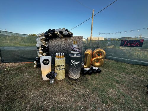Allestimento 18 Anni Elegante Nero, Oro e Bianco con Balloon Arch Organico e Backdrop Glitter – Party Luxury Personalizzato