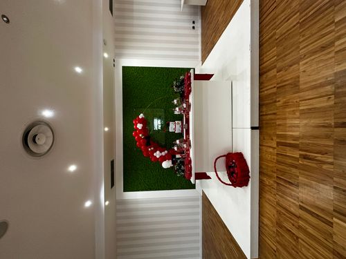 Allestimento Laurea Rosso Nero e Oro – Balloon Arch con Green Wall e Sweet Table Elegante