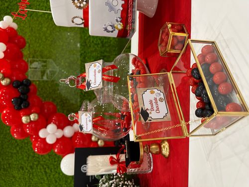 Allestimento Laurea Rosso Nero e Oro – Balloon Arch con Green Wall e Sweet Table Elegante