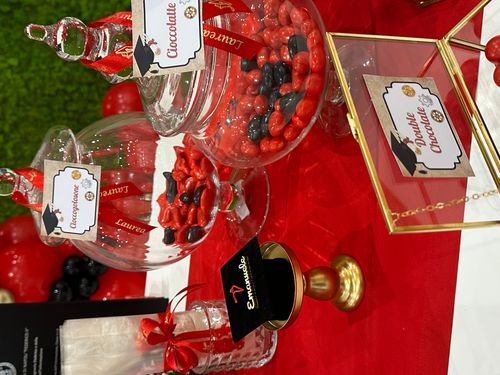 Allestimento Laurea Rosso Nero e Oro – Balloon Arch con Green Wall e Sweet Table Elegante