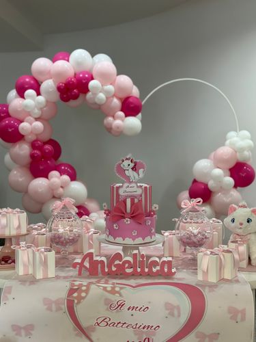 Allestimento Battesimo Tema Marie Aristogatti Rosa – Confettata Elegante con Balloon Arch e Decorazioni Baby Girl