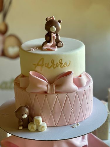 Allestimento Battesimo Orsetto Rosa e Oro – Balloon Arch Organico con Backdrop Personalizzato