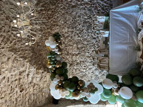 Allestimento Battesimo Verde Salvia e Oro – Balloon Arch Elegante con Confettata Minimal