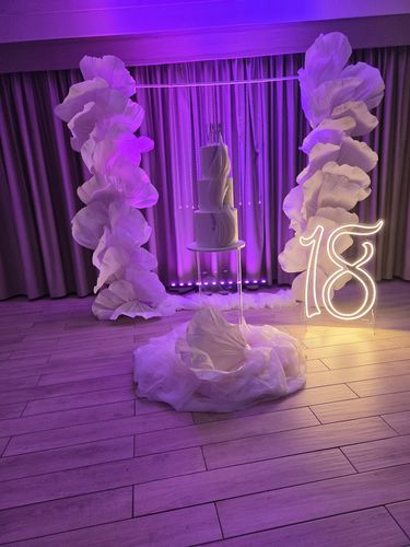 18 anni Allestimento 18 Anni Elegante Total White con Fiori Giganti, Tavolo Imperiale Rosa Cipria e Numero LED
