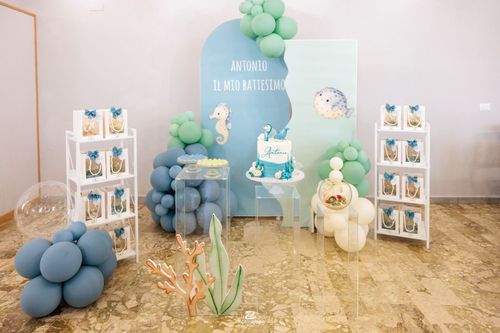 Allestimento Battesimo Tema Mare per Antonio | Balloon Art in Azzurro e Verde Salvia