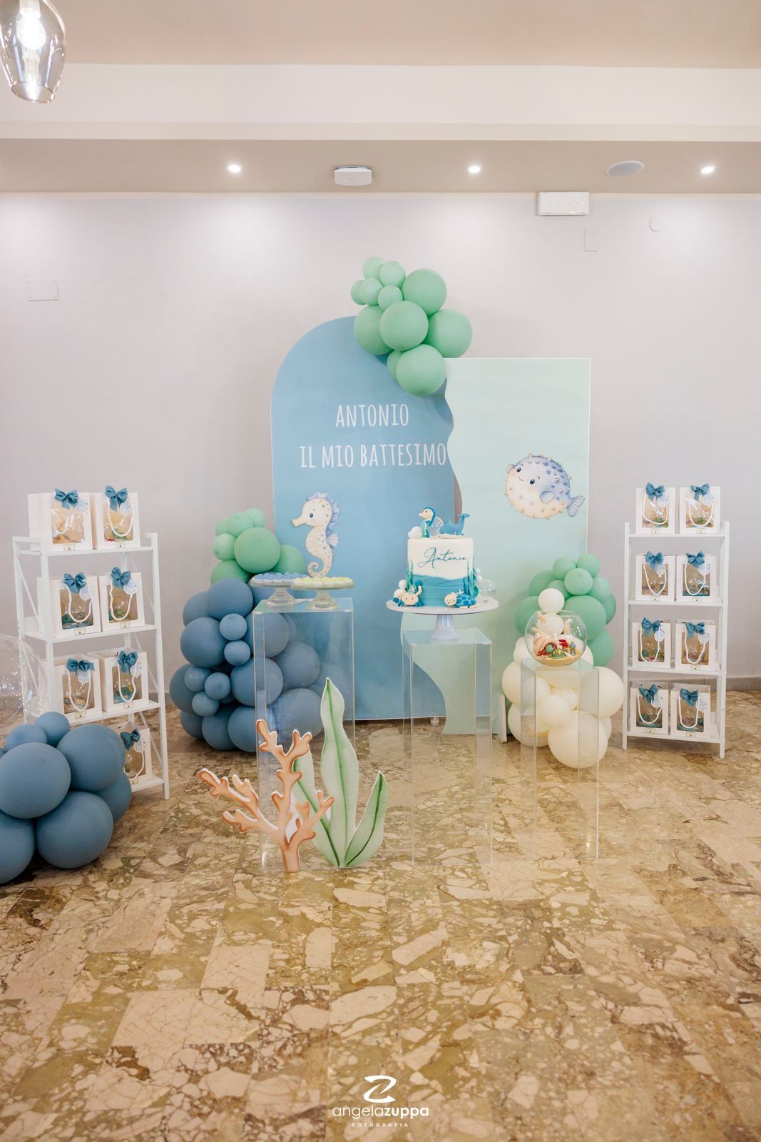 Allestimento Battesimo Tema Mare per Antonio | Balloon Art in Azzurro e Verde Salvia
