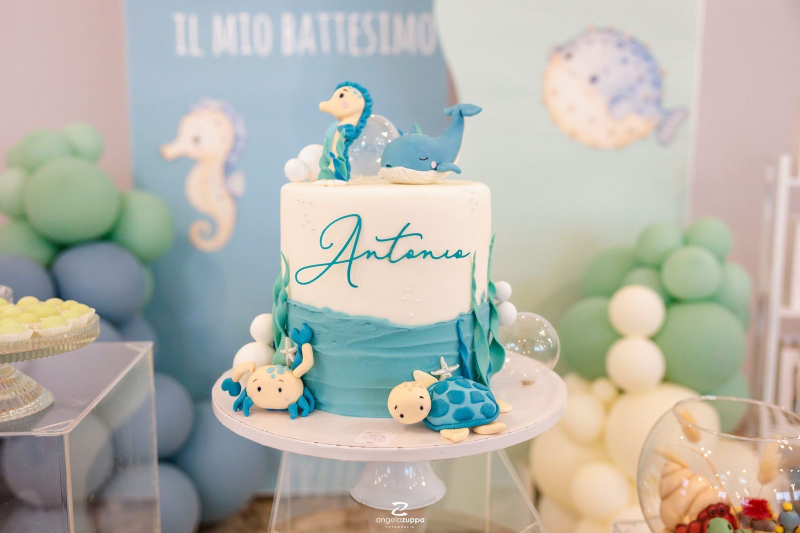 Allestimento Battesimo Tema Mare per Antonio | Balloon Art in Azzurro e Verde Salvia