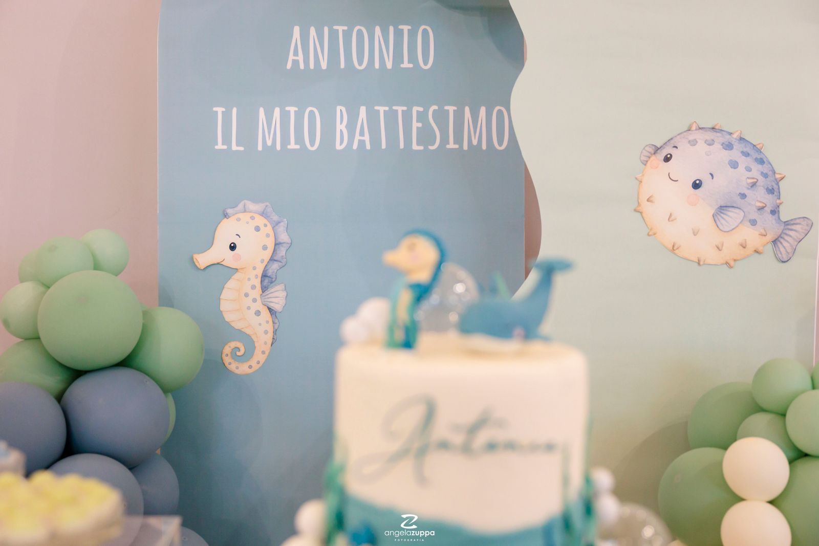 Allestimento Battesimo Tema Mare per Antonio | Balloon Art in Azzurro e Verde Salvia